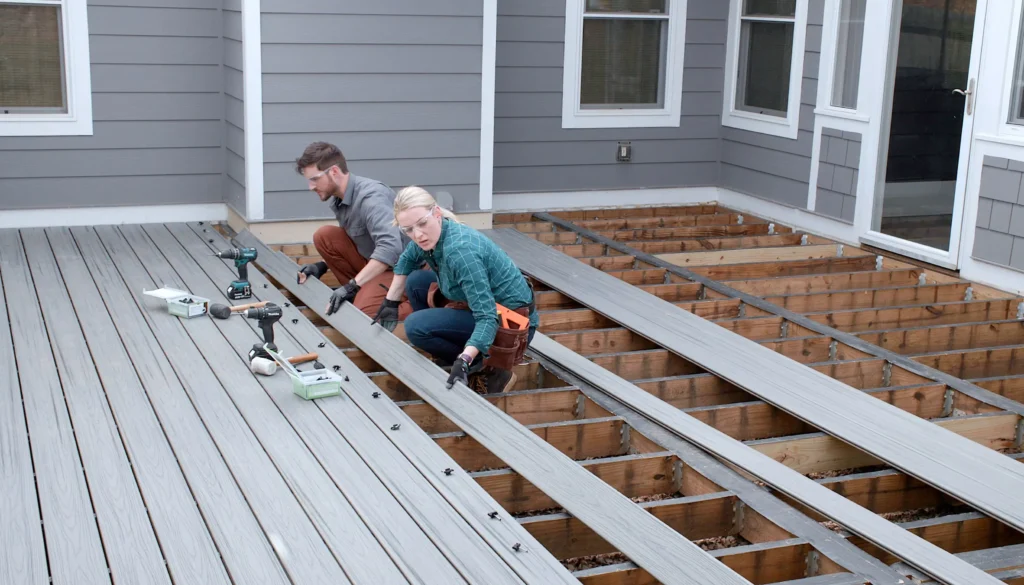 Couple expertly assembling a deck with Builders Alexandra, led by skilled Deck builders Alexandra.